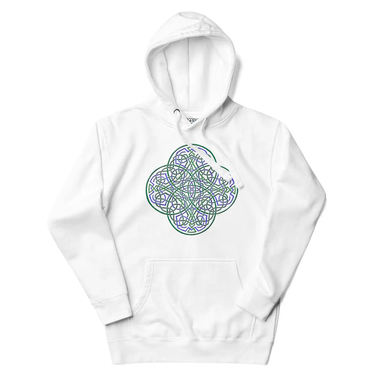 A white Xigfireon graphic hoodie featuring the Living Colour iteration of the Reach Of The Spirit Celtic knot design. The Reach Of The Spirit Celtic knot is an Earth symbol.