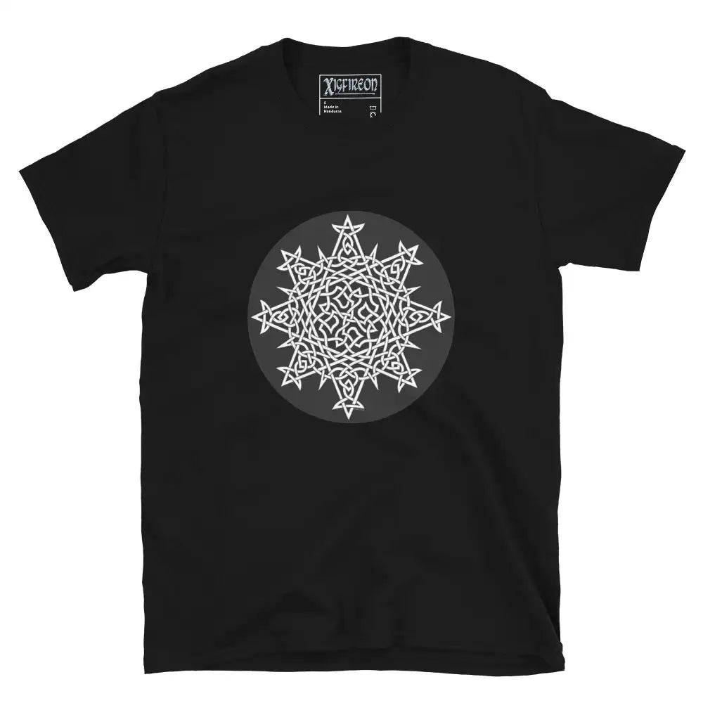 A black Xigfireon graphic t-shirt featuring the Black & White Circle iteration of the Morning Star Fire Celtic knot design. The Morning Star Fire Celtic knot represents Father Sun and the eternal Cosmic Light.