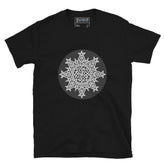 A black Xigfireon graphic t-shirt featuring the Black & White Circle iteration of the Morning Star Fire Celtic knot design. The Morning Star Fire Celtic knot represents Father Sun and the eternal Cosmic Light.