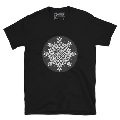 A black Xigfireon graphic t-shirt featuring the Black &amp; White Circle iteration of the Morning Star Fire Celtic knot design. The Morning Star Fire Celtic knot represents Father Sun and the eternal Cosmic Light.