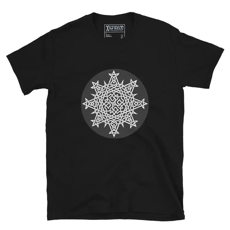 A black Xigfireon graphic t-shirt featuring the Black & White Circle iteration of the Morning Star Fire Celtic knot design. The Morning Star Fire Celtic knot represents Father Sun and the eternal Cosmic Light.