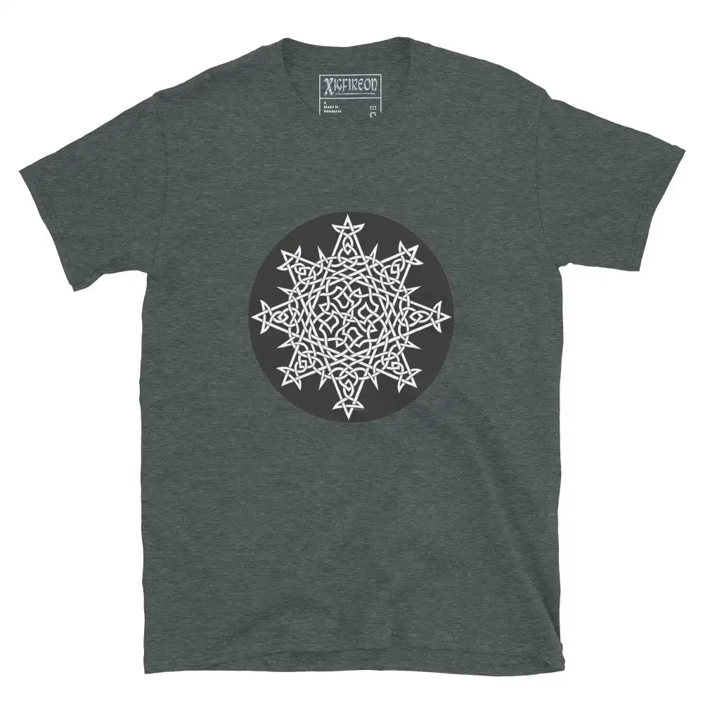 A dark heather Xigfireon graphic t-shirt featuring the Black & White Circle iteration of the Morning Star Fire Celtic knot design. The Morning Star Fire Celtic knot represents Father Sun and the eternal Cosmic Light.