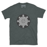 A dark heather Xigfireon graphic t-shirt featuring the Black & White Circle iteration of the Morning Star Fire Celtic knot design. The Morning Star Fire Celtic knot represents Father Sun and the eternal Cosmic Light.