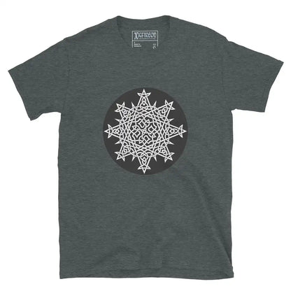 A dark heather Xigfireon graphic t-shirt featuring the Black &amp; White Circle iteration of the Morning Star Fire Celtic knot design. The Morning Star Fire Celtic knot represents Father Sun and the eternal Cosmic Light.