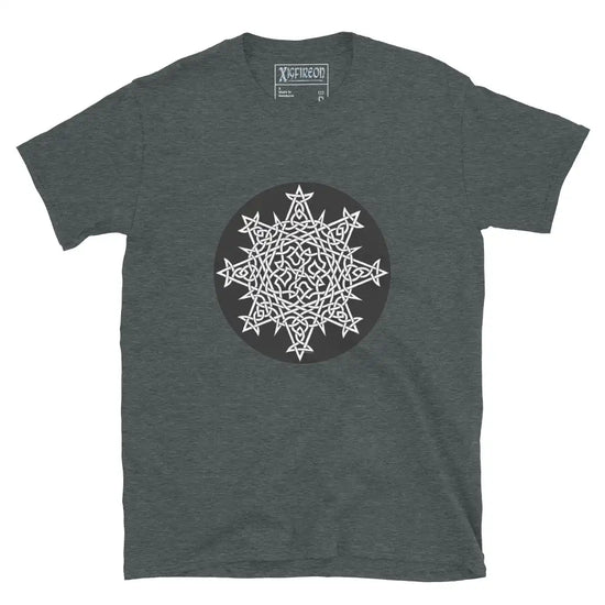 A dark heather Xigfireon graphic t-shirt featuring the Black & White Circle iteration of the Morning Star Fire Celtic knot design. The Morning Star Fire Celtic knot represents Father Sun and the eternal Cosmic Light.