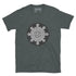 A dark heather Xigfireon graphic t-shirt featuring the Black & White Circle iteration of the Morning Star Fire Celtic knot design. The Morning Star Fire Celtic knot represents Father Sun and the eternal Cosmic Light.