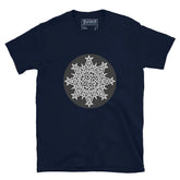 A navy blue Xigfireon graphic t-shirt featuring the Black & White Circle iteration of the Morning Star Fire Celtic knot design. The Morning Star Fire Celtic knot represents Father Sun and the eternal Cosmic Light.