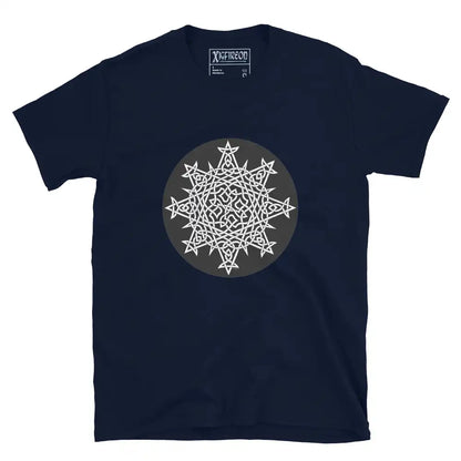 A navy blue Xigfireon graphic t-shirt featuring the Black &amp; White Circle iteration of the Morning Star Fire Celtic knot design. The Morning Star Fire Celtic knot represents Father Sun and the eternal Cosmic Light.