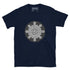 A navy blue Xigfireon graphic t-shirt featuring the Black & White Circle iteration of the Morning Star Fire Celtic knot design. The Morning Star Fire Celtic knot represents Father Sun and the eternal Cosmic Light.