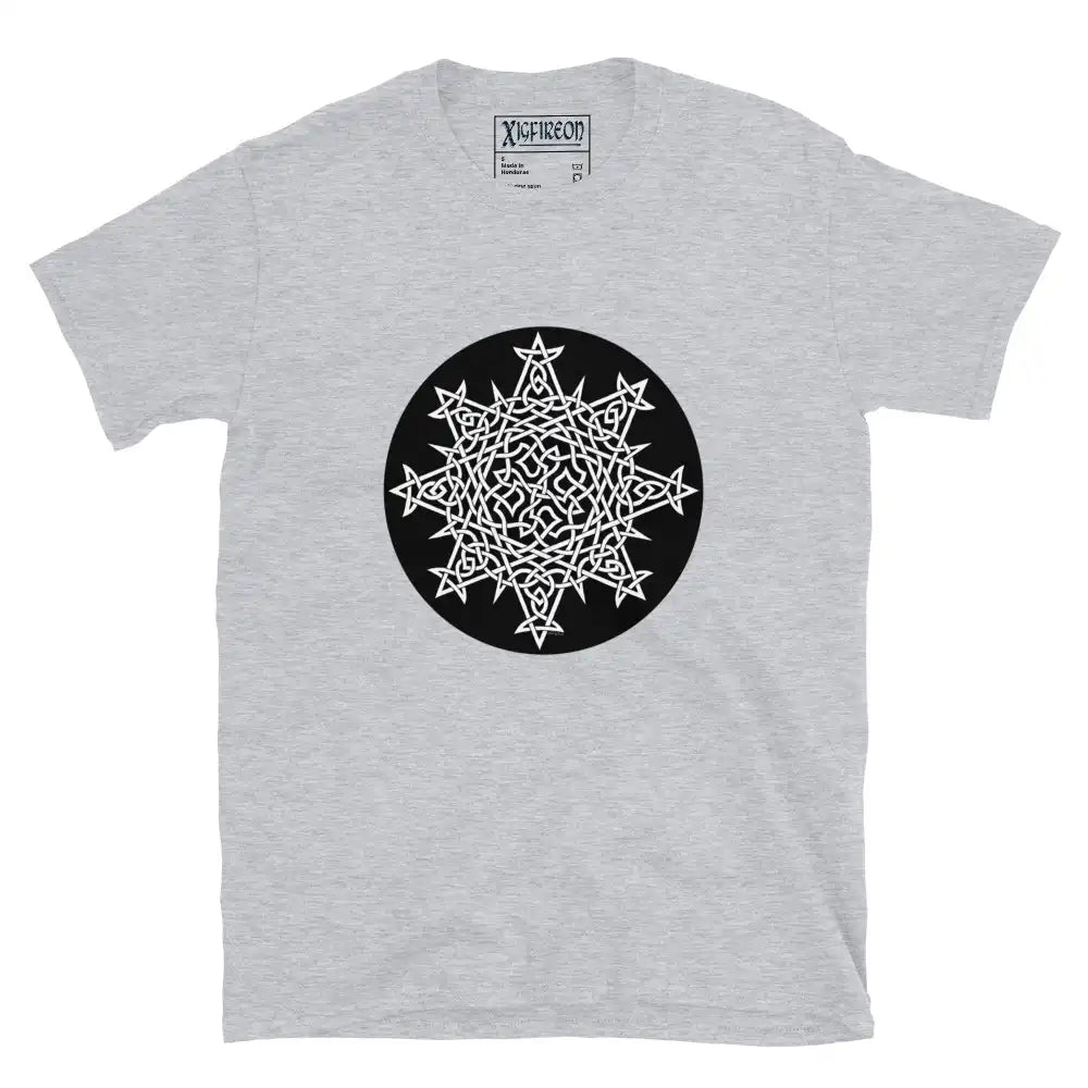 A sport grey Xigfireon graphic t-shirt featuring the Black & White Circle iteration of the Morning Star Fire Celtic knot design. The Morning Star Fire Celtic knot represents Father Sun and the eternal Cosmic Light.