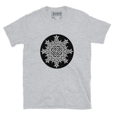 A sport grey Xigfireon graphic t-shirt featuring the Black & White Circle iteration of the Morning Star Fire Celtic knot design. The Morning Star Fire Celtic knot represents Father Sun and the eternal Cosmic Light.