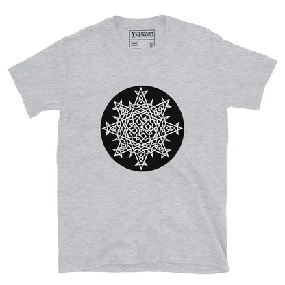 A sport grey Xigfireon graphic t-shirt featuring the Black &amp; White Circle iteration of the Morning Star Fire Celtic knot design. The Morning Star Fire Celtic knot represents Father Sun and the eternal Cosmic Light.
