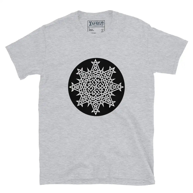 A sport grey Xigfireon graphic t-shirt featuring the Black & White Circle iteration of the Morning Star Fire Celtic knot design. The Morning Star Fire Celtic knot represents Father Sun and the eternal Cosmic Light.