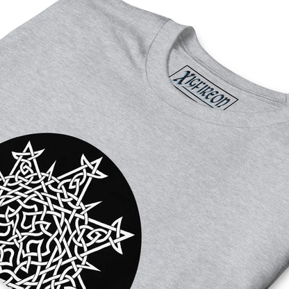 A close-up view of a sport grey Xigfireon graphic t-shirt featuring the Black &amp; White Circle iteration of the Morning Star Fire Celtic knot design. The Morning Star Fire Celtic knot represents Father Sun and the eternal Cosmic Light.