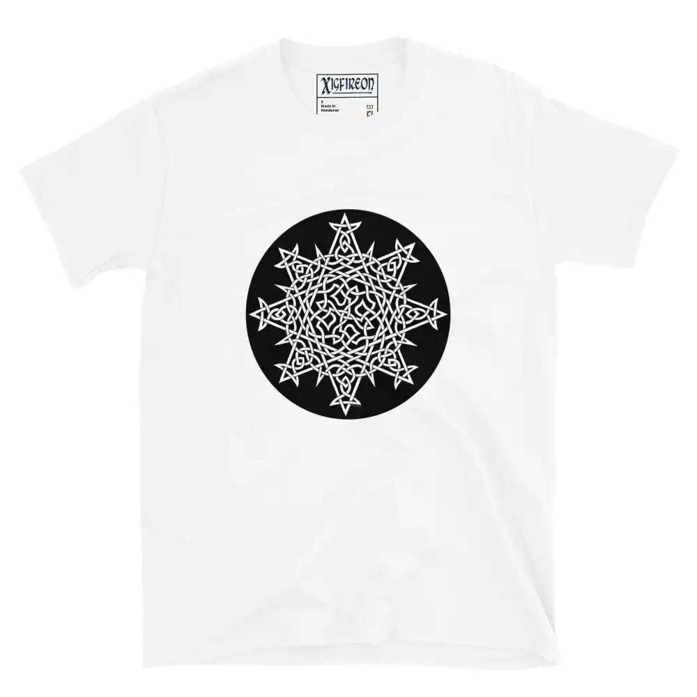 A white Xigfireon graphic t-shirt featuring the Black & White Circle iteration of the Morning Star Fire Celtic knot design. The Morning Star Fire Celtic knot represents Father Sun and the eternal Cosmic Light.