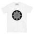 A white Xigfireon graphic t-shirt featuring the Black & White Circle iteration of the Morning Star Fire Celtic knot design. The Morning Star Fire Celtic knot represents Father Sun and the eternal Cosmic Light.