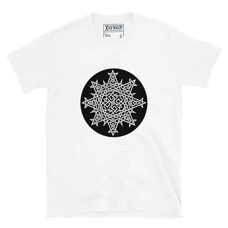 A white Xigfireon graphic t-shirt featuring the Black & White Circle iteration of the Morning Star Fire Celtic knot design. The Morning Star Fire Celtic knot represents Father Sun and the eternal Cosmic Light.
