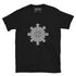 A black Xigfireon graphic t-shirt featuring the Black & White Hollow iteration of the Morning Star Fire Celtic knot design. The Morning Star Fire Celtic knot symbolizes the Sun.