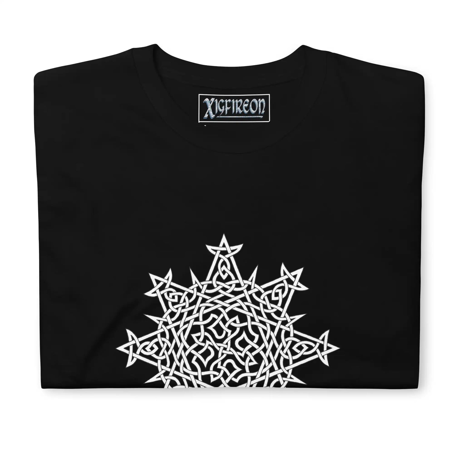 A folded black Xigfireon graphic t-shirt featuring the Black & White Hollow iteration of the Morning Star Fire Celtic knot design. The Morning Star Fire Celtic knot symbolizes the Sun.