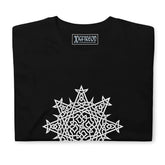 A folded black Xigfireon graphic t-shirt featuring the Black & White Hollow iteration of the Morning Star Fire Celtic knot design. The Morning Star Fire Celtic knot symbolizes the Sun.