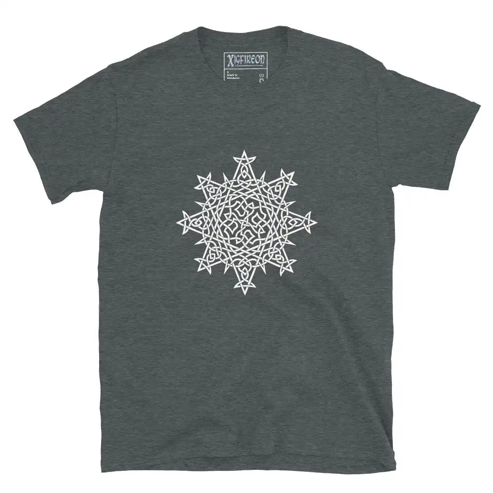 A dark heather Xigfireon graphic t-shirt featuring the Black & White Hollow iteration of the Morning Star Fire Celtic knot design. The Morning Star Fire Celtic knot symbolizes the Sun.