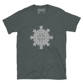 A dark heather Xigfireon graphic t-shirt featuring the Black & White Hollow iteration of the Morning Star Fire Celtic knot design. The Morning Star Fire Celtic knot symbolizes the Sun.