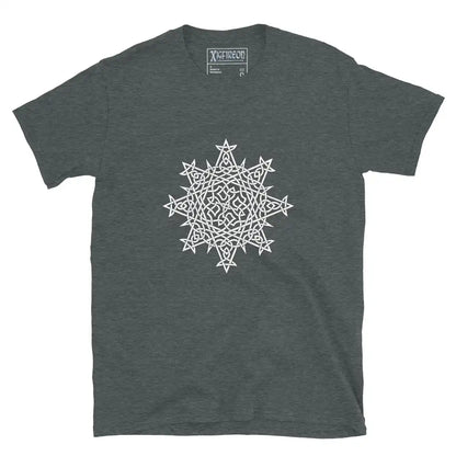 A dark heather Xigfireon graphic t-shirt featuring the Black &amp; White Hollow iteration of the Morning Star Fire Celtic knot design. The Morning Star Fire Celtic knot symbolizes the Sun.