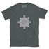 A dark heather Xigfireon graphic t-shirt featuring the Black & White Hollow iteration of the Morning Star Fire Celtic knot design. The Morning Star Fire Celtic knot symbolizes the Sun.