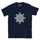 A navy blue Xigfireon graphic t-shirt featuring the Black & White Hollow iteration of the Morning Star Fire Celtic knot design. The Morning Star Fire Celtic knot symbolizes the Sun.