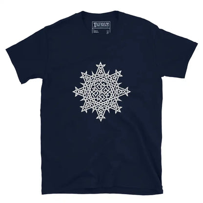 A navy blue Xigfireon graphic t-shirt featuring the Black &amp; White Hollow iteration of the Morning Star Fire Celtic knot design. The Morning Star Fire Celtic knot symbolizes the Sun.