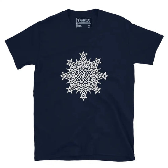 A navy blue Xigfireon graphic t-shirt featuring the Black & White Hollow iteration of the Morning Star Fire Celtic knot design. The Morning Star Fire Celtic knot symbolizes the Sun.