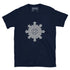 A navy blue Xigfireon graphic t-shirt featuring the Black & White Hollow iteration of the Morning Star Fire Celtic knot design. The Morning Star Fire Celtic knot symbolizes the Sun.