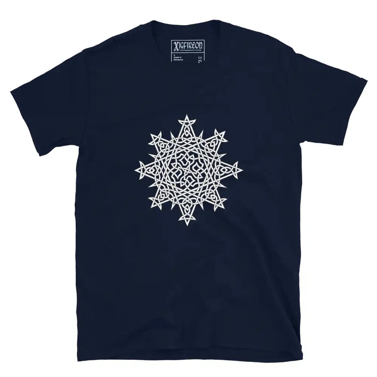 A navy blue Xigfireon graphic t-shirt featuring the Black & White Hollow iteration of the Morning Star Fire Celtic knot design. The Morning Star Fire Celtic knot symbolizes the Sun.