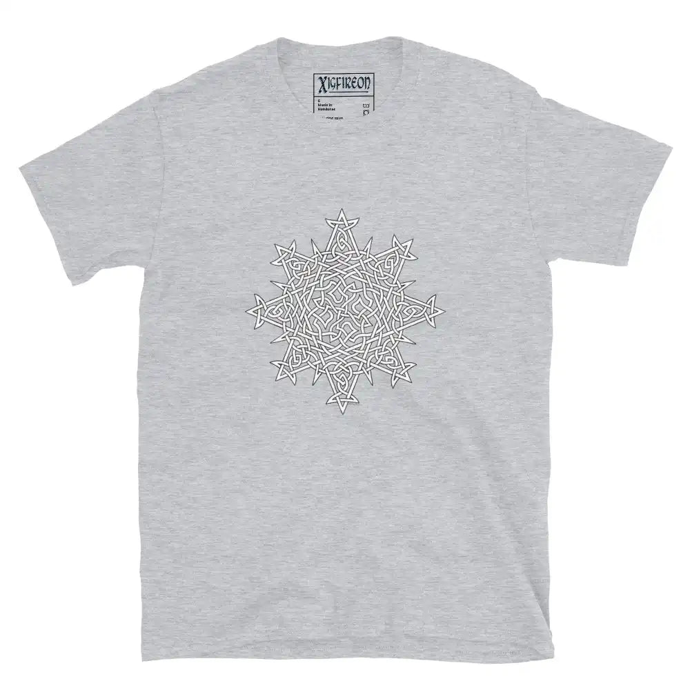 A sport grey Xigfireon graphic t-shirt featuring the Black & White Hollow iteration of the Morning Star Fire Celtic knot design. The Morning Star Fire Celtic knot symbolizes the Sun.