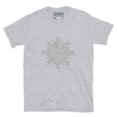 A sport grey Xigfireon graphic t-shirt featuring the Black & White Hollow iteration of the Morning Star Fire Celtic knot design. The Morning Star Fire Celtic knot symbolizes the Sun.