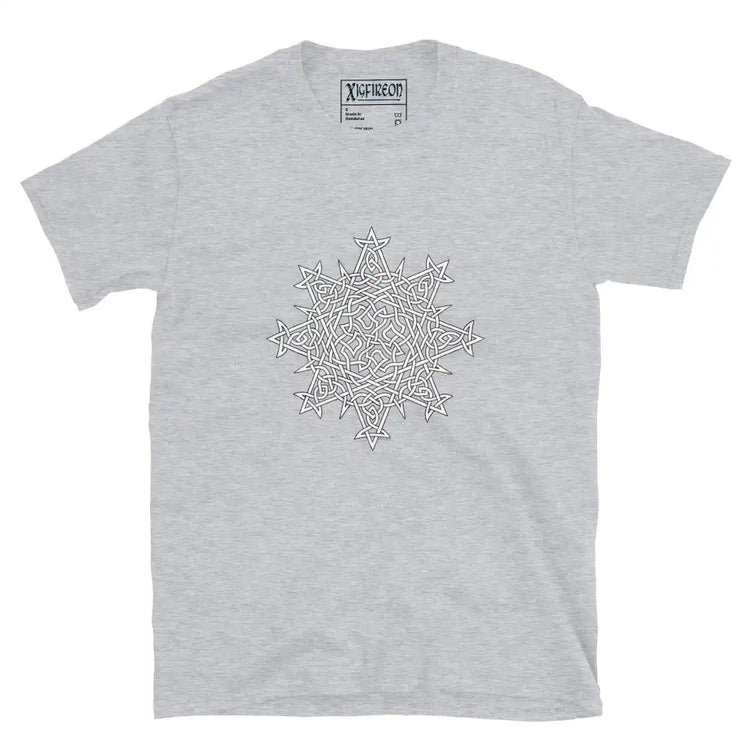 A sport grey Xigfireon graphic t-shirt featuring the Black & White Hollow iteration of the Morning Star Fire Celtic knot design. The Morning Star Fire Celtic knot symbolizes the Sun.