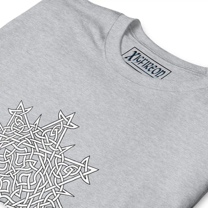 A close-up view of a sport grey Xigfireon graphic t-shirt featuring the Black &amp; White Hollow iteration of the Morning Star Fire Celtic knot design. The Morning Star Fire Celtic knot symbolizes the Sun.