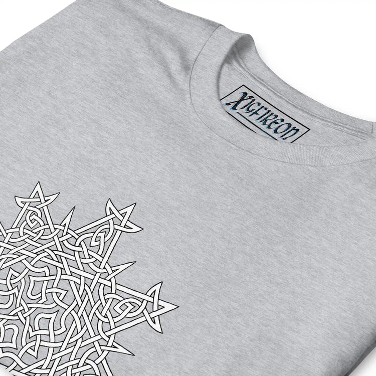 A close-up view of a sport grey Xigfireon graphic t-shirt featuring the Black & White Hollow iteration of the Morning Star Fire Celtic knot design. The Morning Star Fire Celtic knot symbolizes the Sun.
