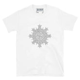 A white Xigfireon graphic t-shirt featuring the Black & White Hollow iteration of the Morning Star Fire Celtic knot design. The Morning Star Fire Celtic knot symbolizes the Sun.