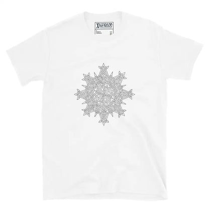 A white Xigfireon graphic t-shirt featuring the Black &amp; White Hollow iteration of the Morning Star Fire Celtic knot design. The Morning Star Fire Celtic knot symbolizes the Sun.