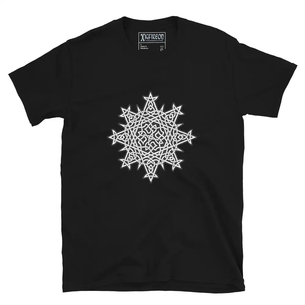 A black Xigfireon graphic t-shirt featuring the Black & White Solid iteration of the Morning Star Fire Celtic knot design. The Morning Star Fire Celtic knot symbolizes the Sun.