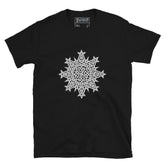 A black Xigfireon graphic t-shirt featuring the Black & White Solid iteration of the Morning Star Fire Celtic knot design. The Morning Star Fire Celtic knot symbolizes the Sun.