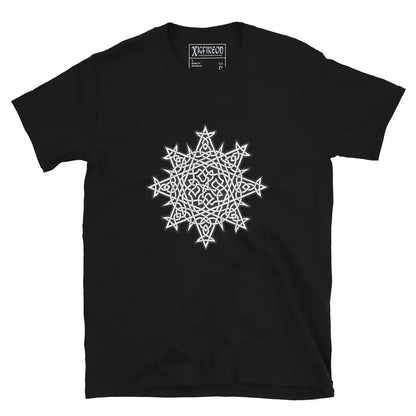 A black Xigfireon graphic t-shirt featuring the Black &amp; White Solid iteration of the Morning Star Fire Celtic knot design. The Morning Star Fire Celtic knot symbolizes the Sun.