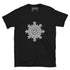 A black Xigfireon graphic t-shirt featuring the Black & White Solid iteration of the Morning Star Fire Celtic knot design. The Morning Star Fire Celtic knot symbolizes the Sun.