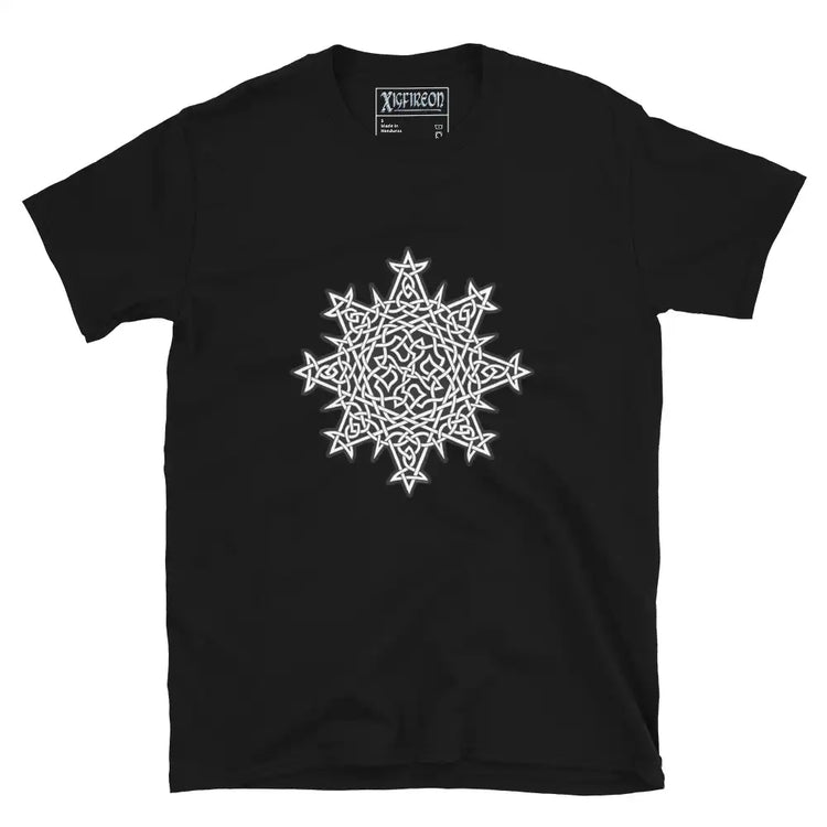 A black Xigfireon graphic t-shirt featuring the Black & White Solid iteration of the Morning Star Fire Celtic knot design. The Morning Star Fire Celtic knot symbolizes the Sun.