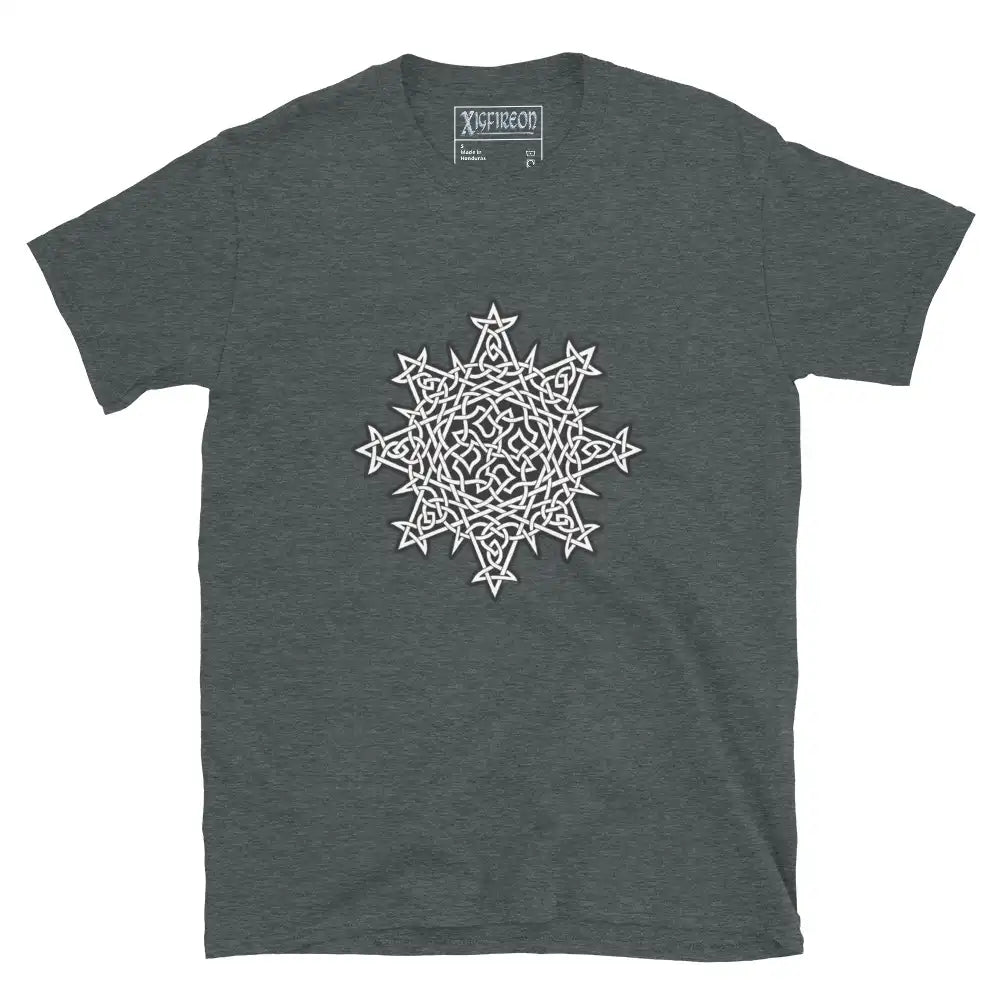 A dark heather Xigfireon graphic t-shirt featuring the Black & White Solid iteration of the Morning Star Fire Celtic knot design. The Morning Star Fire Celtic knot symbolizes the Sun.