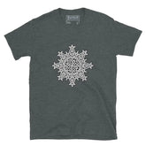 A dark heather Xigfireon graphic t-shirt featuring the Black & White Solid iteration of the Morning Star Fire Celtic knot design. The Morning Star Fire Celtic knot symbolizes the Sun.