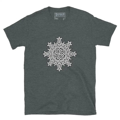 A dark heather Xigfireon graphic t-shirt featuring the Black &amp; White Solid iteration of the Morning Star Fire Celtic knot design. The Morning Star Fire Celtic knot symbolizes the Sun.