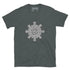 A dark heather Xigfireon graphic t-shirt featuring the Black & White Solid iteration of the Morning Star Fire Celtic knot design. The Morning Star Fire Celtic knot symbolizes the Sun.