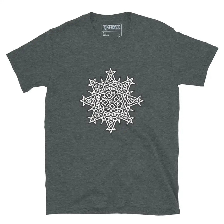 A dark heather Xigfireon graphic t-shirt featuring the Black & White Solid iteration of the Morning Star Fire Celtic knot design. The Morning Star Fire Celtic knot symbolizes the Sun.